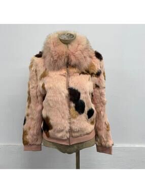 Vintage Y2K Pink Rabbit Fur & Fox Fur Bomber Jacket
